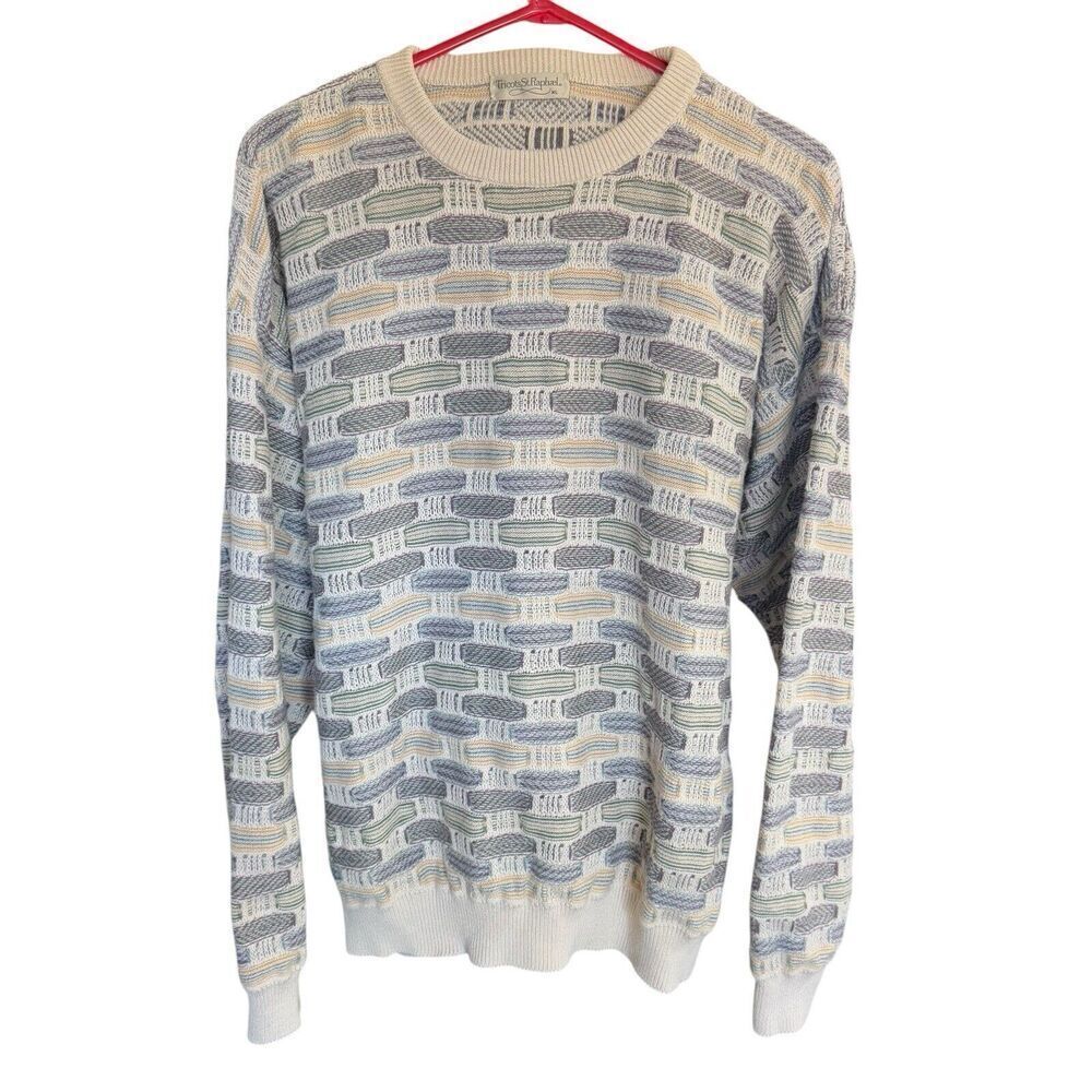 Vtg Sweater 80s 90s Men's Tricots St Raphael Geometric XL Blue Grandpacore